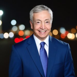 Smiling man in suit with blurred lights.