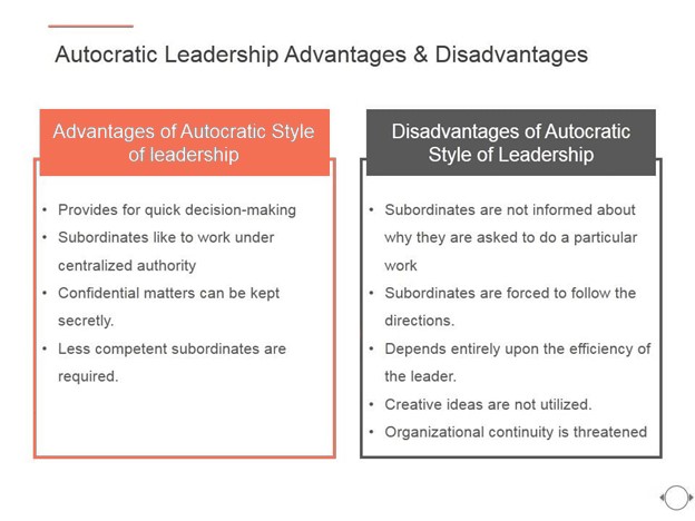 Autocratic leadership advantages and disadvantages comparison.
