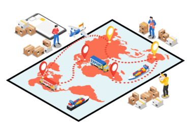 World map with import-export logistics illustration.