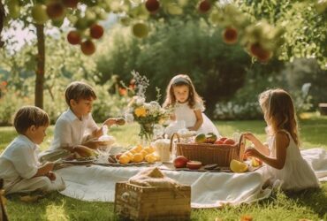 Children enjoying a picnic under apple trees.
