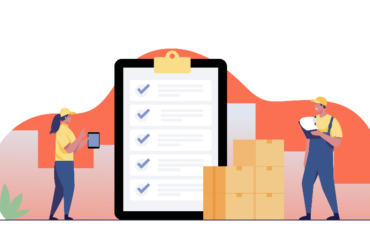 Workers checking tasks on a large clipboard.