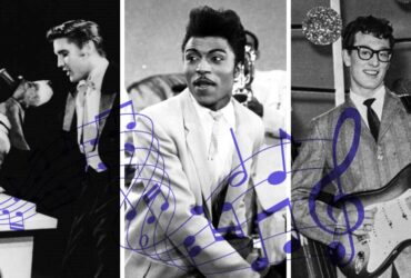 Three rock and roll musicians with notes.